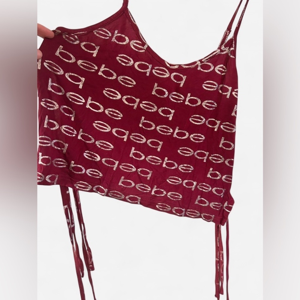 Bebe Sleepwear Burgundy Logo Tie Side Crop Cami Top Size Small
